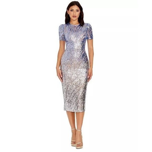 Dress the Population Dresses & Skirts - NWT Dress The Population Lia Sequin Midi Dress Sz S Blue Silver Cocktail Party